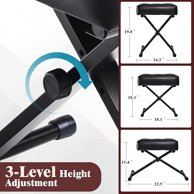 Adjustable Piano Bench Keyboard Bench - Foldable Keyboard Stool with Non-Slip Feet,3-Level Height Suitable for Adults&Kids,Classic Button Design,Premium PU Leather Cushion, Portable Piano Seat (Black)