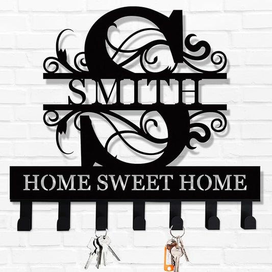 Personalized Metal Key Holder for Wall with Family Name, Custom Key Hooks Rack, Wall Mounted Key Organizer，Kitchen Decor，Housewarming Gifts,Home Decor