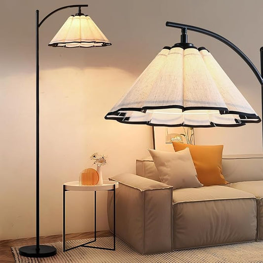Omlaamy Floor Lamp with Pleated Linen Lampshade, Modern Flower Floor Lamp for Living Room Arc Standing Lamp, Gold Tall Lamp for Bedroom Office Dining Room, Bulb Included (Black + Black, 66.14IN)