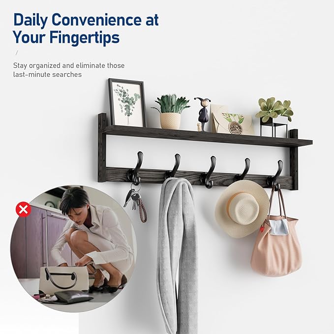 Tatub 29'' Coat Rack Wall Mount with Shelf, Wood Wall Hooks with Storage, Entryway Shelf with 5 Coat Hangers for Bathroom, Living Room, Bedroom, Ebony Grey