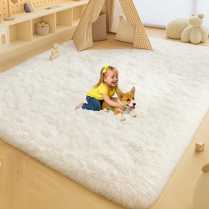 Mtandyx 5x7 Plush Fluffy Area Rugs, Large Soft Carpet, Upgraded Non-Slip Rectangular Rug for Living Room, Bedroom, Kids Room, Dorm, Modern Home Decor Aesthetic,Cream White.