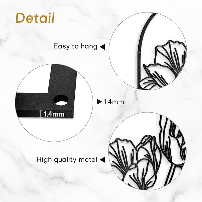 SIGNLEADER Metal Wall Art Decor Sketches & Line Art of Flowers Modern Abstract Wall Sculpture Hangings Home Decoration for Living Room, Bedroom, Bathroom, Kitchen, Outdoor - 18" Black