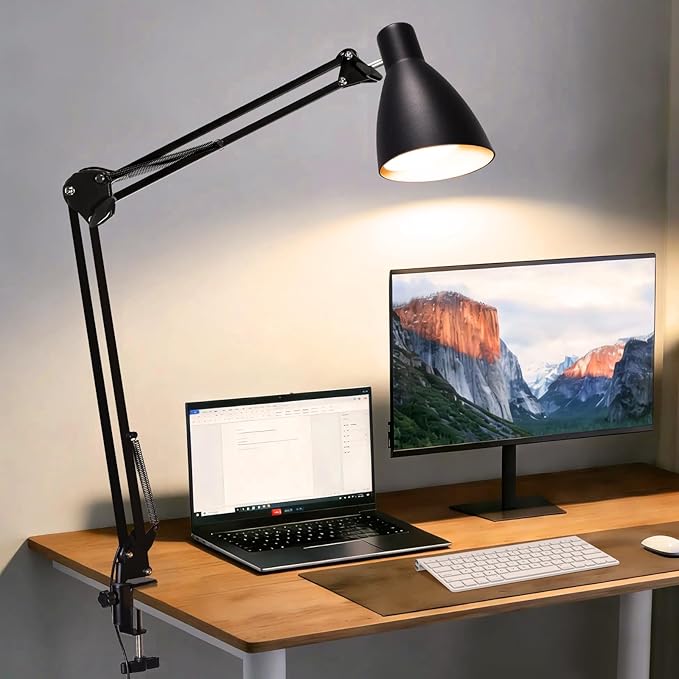 LED Desk Lamp for Home Office - Retro Clamp on Desk Lamp, Metal Swing Arm Architect Lamps with 5 Color Modes & 10 Brightness, Adjustable Gooseneck Clip-on Lamps for Reading Home Craft Puzzle, Black