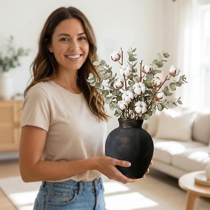 Ceramic Vase, 6 inch Minimalist Rustic Farmhouse Terracotta Vase for Home Decor, Table, Living Room, Entryway, Shelf, Mantel Decoration (Black)