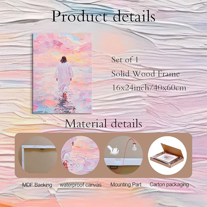Jesus Wall Art, Pink Jesus Walking on Water Canvas Prints Painting, Christian Wall Decor Religious Poster Pictures Artwork for Living room Bedroom Church 16x24 in Framed