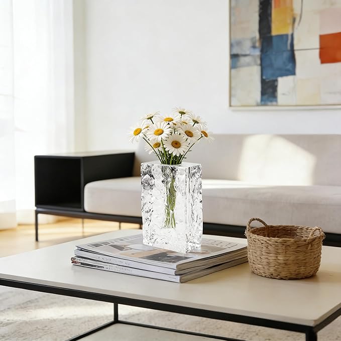 Crystal Flower Vase with Glacial Texture,Heavy Duty Large Clear Vase for Dining Table Kitchen Office Home Shelf Display Wedding Living Room Centerpieces