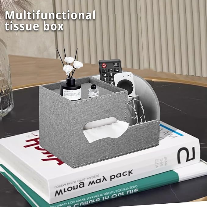 PU Leather Tissue Box Cover Square,Tissue Box Holder Organizer with Storage Tray and Remote Control Holder for Bathroom Countertop Night Stands Bedroom Office Desk,Napkin Caddy Decorative Black