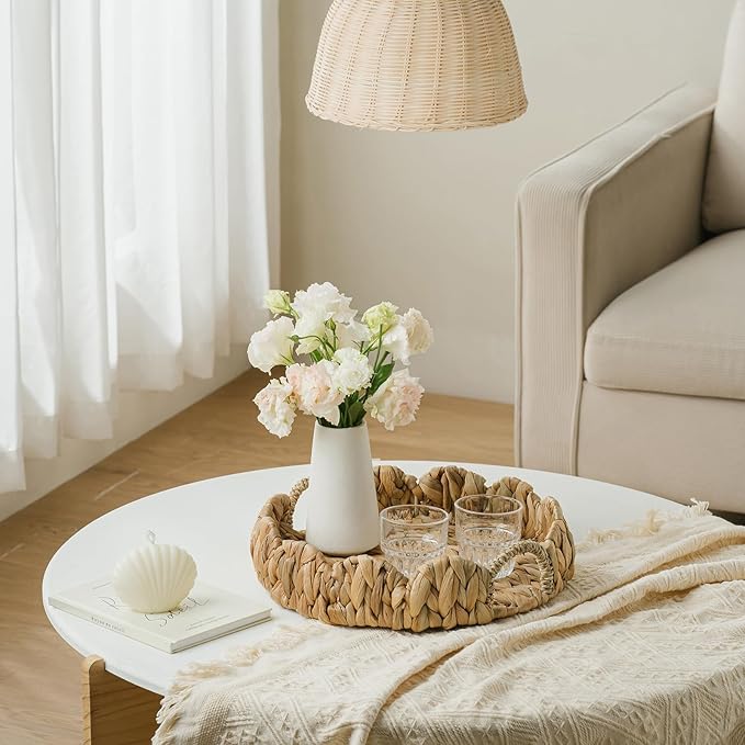Round Wicker Scalloped Serving Tray with Handles - Seagrass Handwoven Trays,Water Hyacinth Tray for Home Decor and Living Room, Dining Table, Bathroom Organizing, 13" L x 13" W x 3.5" H
