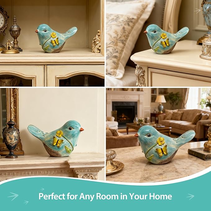 Blue Resin Bird Sculpture Home Decor, 4.3 Inch Cute Statues Decorative Objects for Room, Bedroom, Living Room,Office Desk, Book Shelf,Coffee Table,Entryway, Gifts for Bird Lovers