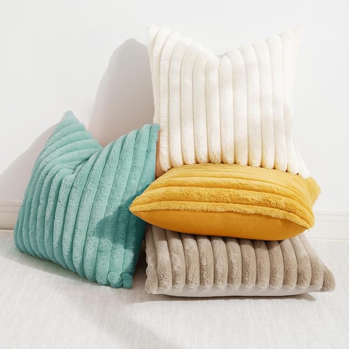 decorUhome Faux Fur Spring Throw Pillow Covers 16x16 Set of 2, Decorative Soft Plush Striped Neutral Couch Pillow Covers with Velvet Back for Sofa, Bed, Living Room Home, Aqua