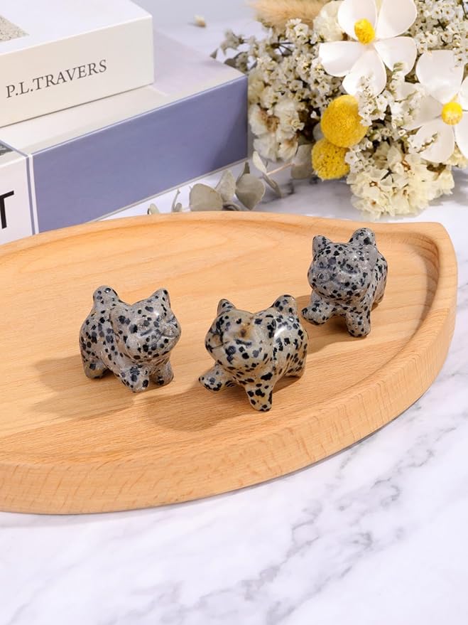 Jovivi Natural Dalmation Spot Jasper Crystal Cat Statue Home Decor Carved Gemstone Cats Figurine Collectibles Pocket Sculpture Pet Memorial Decorative Ornament Gift for Cat Lovers