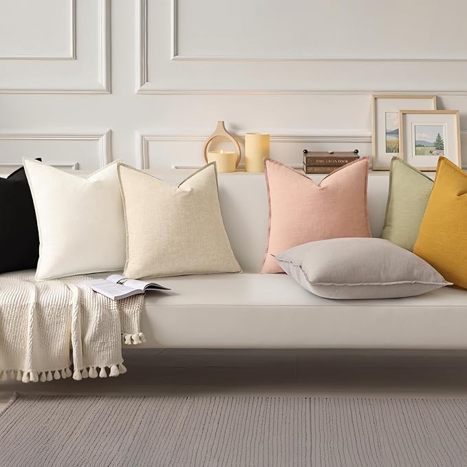 decorUhome Spring Decorative Linen Throw Pillow Covers 18x18 Inch Set of 2 Cream White Pillow Covers with Flange Edges Soft Farmhouse Boho Accent Pillow Cases for Couch Bed Living Room