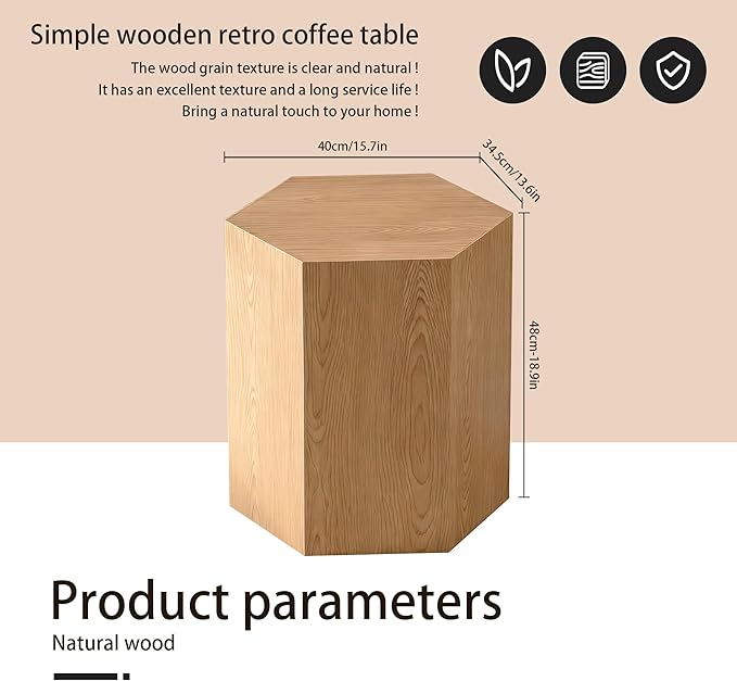 Modern Hexagonal Side Table, Walnut Wood MDF Coffee Table with Natural Texture, Non-Slip Surface, 15.7x13.8x18.9 Inches (Natural)
