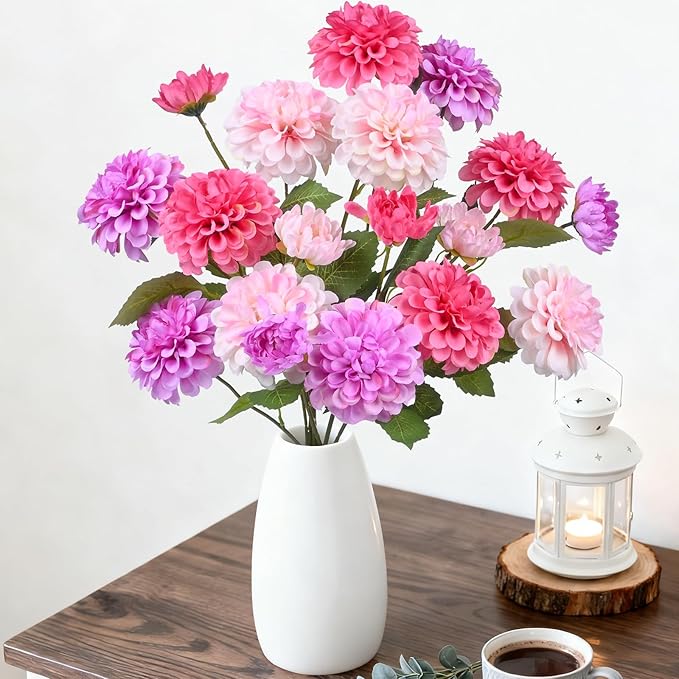 6Pcs Fake Artificial Pompon Mums Flowers Indoor with Long Stems Ball Chrysanthemum Faux Silk Flowers for Vase Floral Arrangement for Spring Home Decor Centerpieces for Table Kitchen Decoration