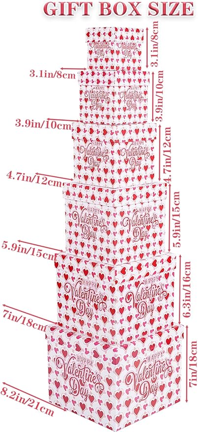 JWSCYSY 6PCS Valentine's Day Nesting Gift Boxes with Lid, Square Gift Boxes with Ribbon, Decorative Boxes Assorted Size for Valentine's Day Presents Wrapping, Party Favor Boxes (White)