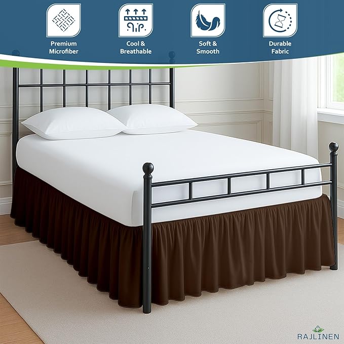 Rajlinen Ruffled Bed Skirt Full XL, 14 Inch Drop Dust Ruffle with Split Corners, 100% Microfiber Bedskirt with Platform, Three-Sided Coverage Ruffled Gathering Design, Chocolate