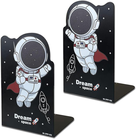 2 Pack Metal Bookends,5.3"x3.9"x8"Non-Slip Black Cartoon Astronauts Book Stopper,Heavy Duty Premium Space-Themed Decorative Book End, Supports for Kids Children Shelves,Room,School,Learning Gifts