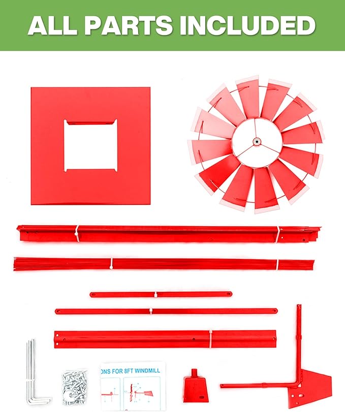 8FT Windmill for Yard Garden Decoration with Weather Vanes，Heavy Duty Outdoor Wind Mills, Large Metal Outdoor Windmill,Weather Resistant,Red