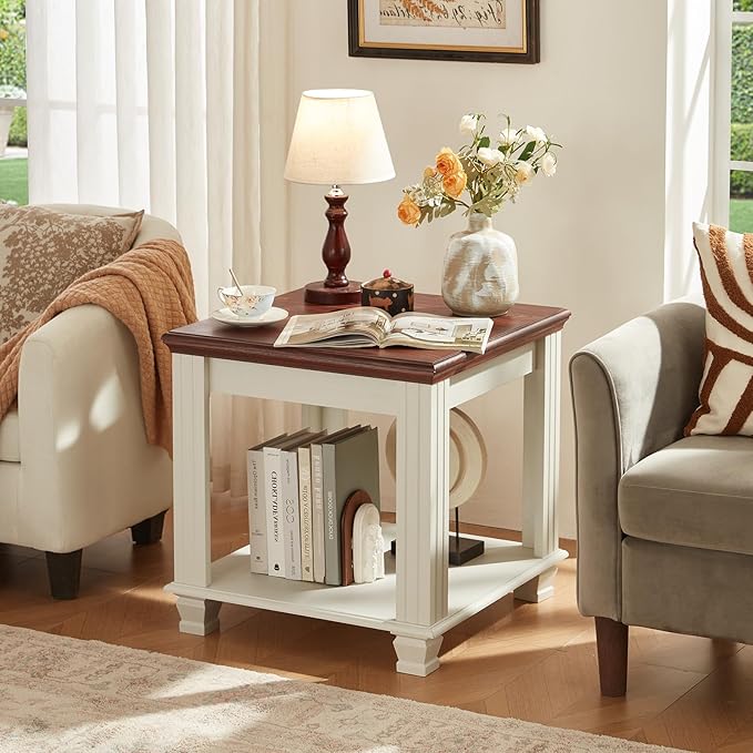 Farmhouse End Table with 2-Tier Storage Shelf, Large Square Side Table with 4 Solid Wood Square Legs, Small Coffee Table for Living Room, White