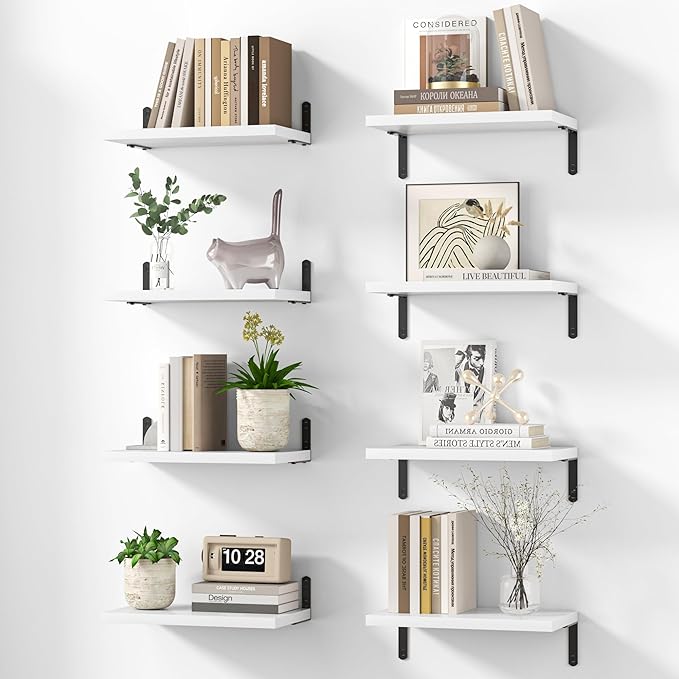 Marsmiles Extra Wide Floating Shelves for Wall, 16x8 Inch Natural Wood Grain Bookshelves, Heavy Duty Mounted Shelving for Bathroom, Kitchen, Living Room, Bedroom,Set of 8，White