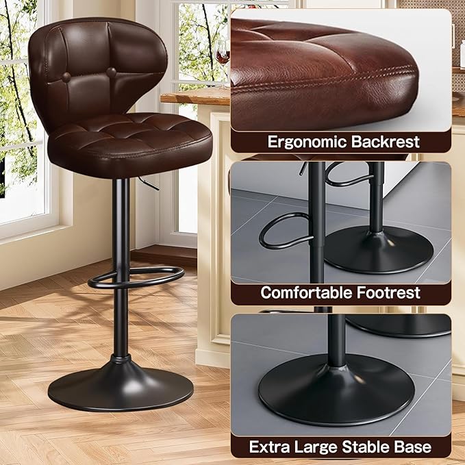 Bar Stools Set of 2, Adjustable Swivel Bar Chairs with 360° Rotation, Padded Counter Stools with Back and Footrest for Kitchen Island, Bistro, Cafe, and Home Use Brown-2pcs