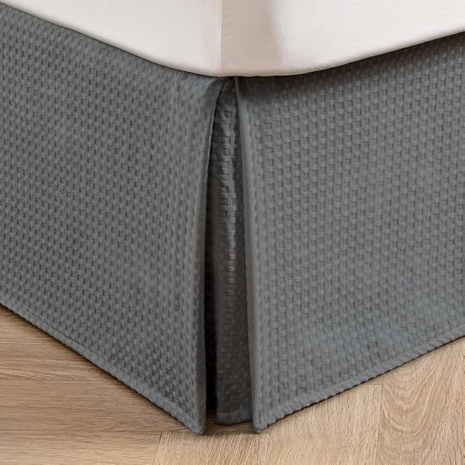 MIYE Pleated Waffle Weave Bed Skirt, Tailored Dust Ruffle 14 Inch Drop Easy Fit, Machine Washable (Dark Grey, King - 14" Drop)