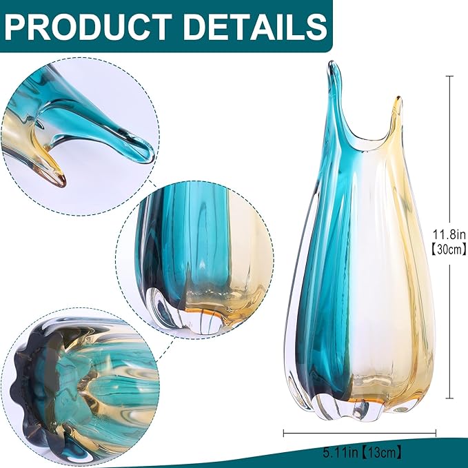 Hand Blown Glass Vase, Medium Wide Mouth Flower Vase Unique Modern Turquoise Glass Art Decor, Nonbreakable Vases for Table Centerpieces Living Room Decorative Amber and Teal Vase
