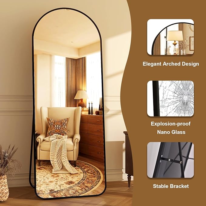 HARRITPURE 64"x21" Arched Full Length Mirror Floor Mirrors with Aluminum Alloy Frame Free-Standing Wall Mounted or Leaning Large Bedroom Dressing Mirror Modern & Contemporary Decor for Home,Black