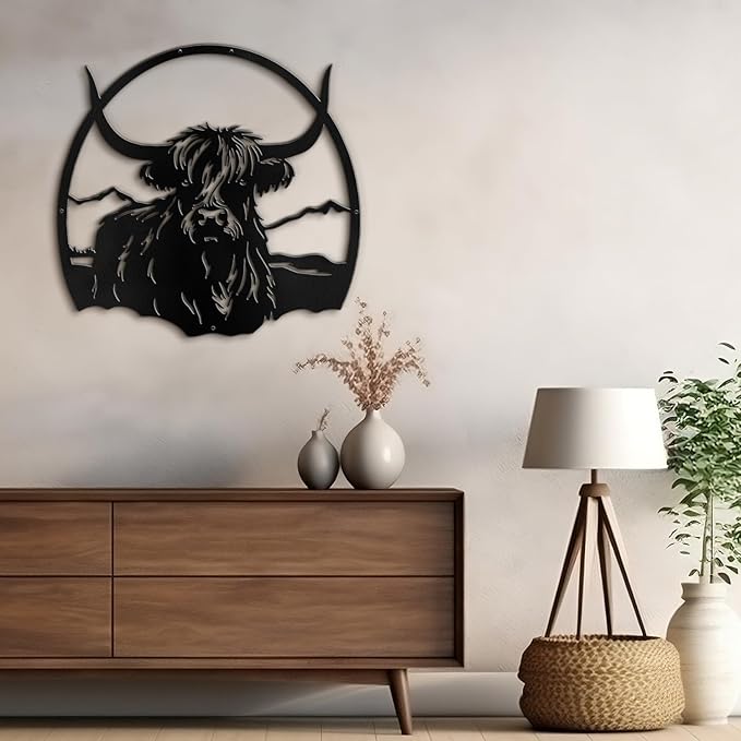 SIGNLEADER Metal Wall Art DecorHighland Cow with Mountain Minimalist Modern Abstract Wall Sculpture Hangings Home Decoration for Living Room, Bedroom, Bathroom, Kitchen, Outdoor - 18" Black