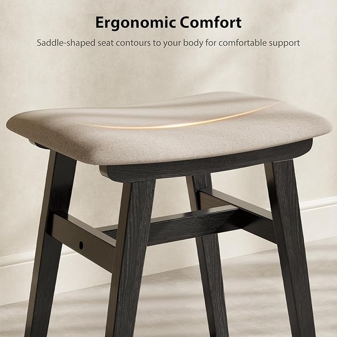 Solid Wood Vanity Stool, Compact Makeup Chair with Saddle Cushion, Linen-Covered High Rebound Sponge Seat, Easy Assembly Footstool for Bedroom, Entryway, Home, Black