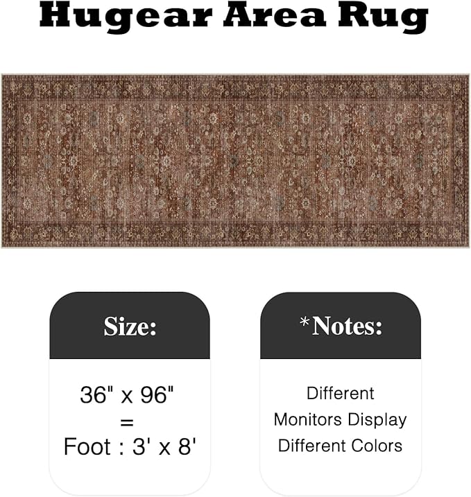 HUGEAR 3x8 Runner Rug Machine Washable Brick Red Hallway Area Rug Indoor Accent Rugs Floral Low Pile Carpet Soft Throw Rugs Bedroom Living Room Office Dining Kitchen Laundry Non Slip
