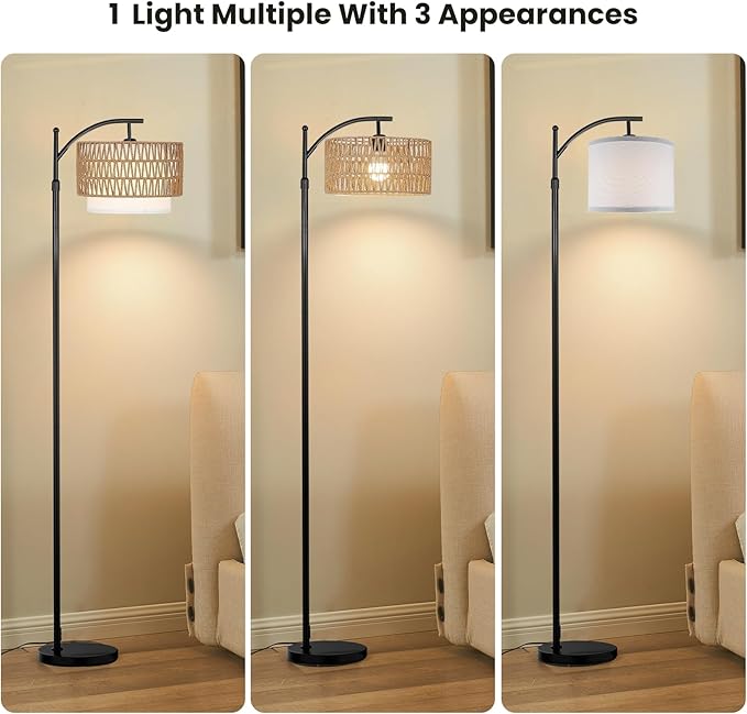 Yusist Arc Floor Lamp for Living Room,Farmhouse Floor Lamps with Remote Control & Dimmable Bulb,Rattan Boho Tall Standing Lamp for Bedroom Office