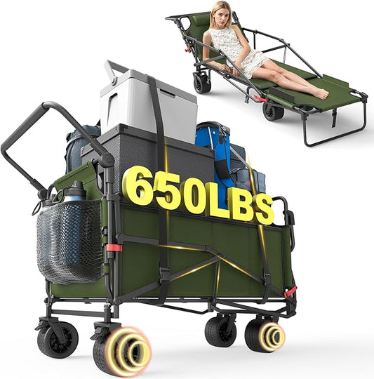 LEVELEVE Heavy Duty Folding Wagon - 2-in-1 Collapsible Cart, 650lb Capacity, All-Terrain Wheels w/Brakes & Side Pockets (Army Green)