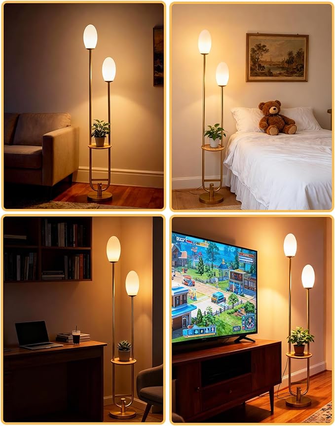 Lightdot Gold Dimmable Floor Lamp with 2 Oval Lampshades, Unique U-Shaped Tall Standing Lamps with Table& Warm White LED Bulbs, Mid Century Modern Floor Lamp for Living Room/Bedroom/Wedding/Party