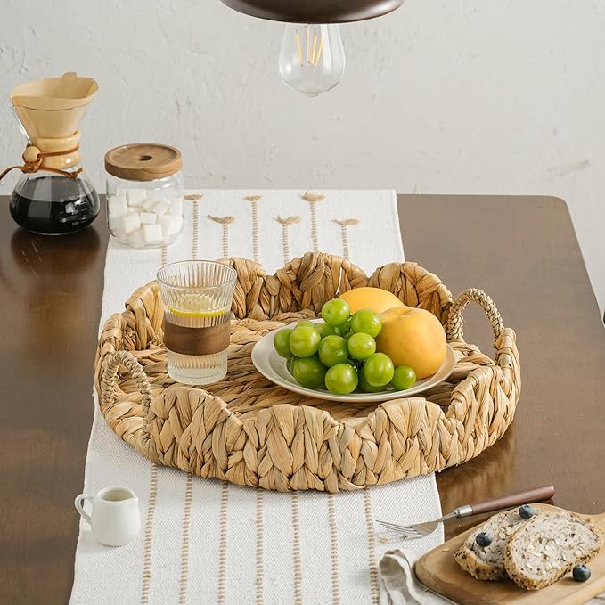 Round Wicker Scalloped Serving Tray with Handles - Seagrass Handwoven Trays,Water Hyacinth Tray for Home Decor and Living Room, Dining Table, Bathroom Organizing, 17" L x 17" W x 3.6" H