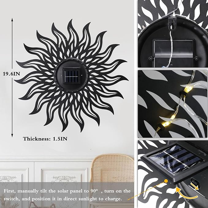 VCUTEKA 20" Sun Metal Wall Art Outdoor Decor Solar Decoration Metal Wall Sculpture Hanging Garden for Indoor Outdoor Patio Fence Decoration Black