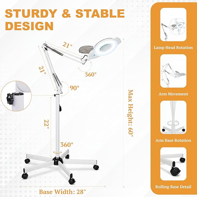 Professional Magnifying Lamp with UV Light, 5X Optical Glass Lens, Adjustable LED Brightness, 360° Swivel Wheels, Extendable Arm, Ideal for Detail Work by Tattoo Artists, Lash Extension Experts