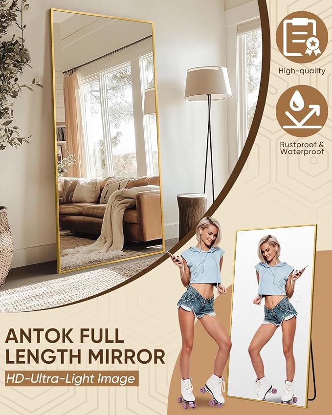 Antok Full Length Mirror, 58"x21" Floor Mirror with Stand, Hanging Mounted Mirrors for Bedroom, Living Room, Cloakroom, Dining Room, Gold, Rect
