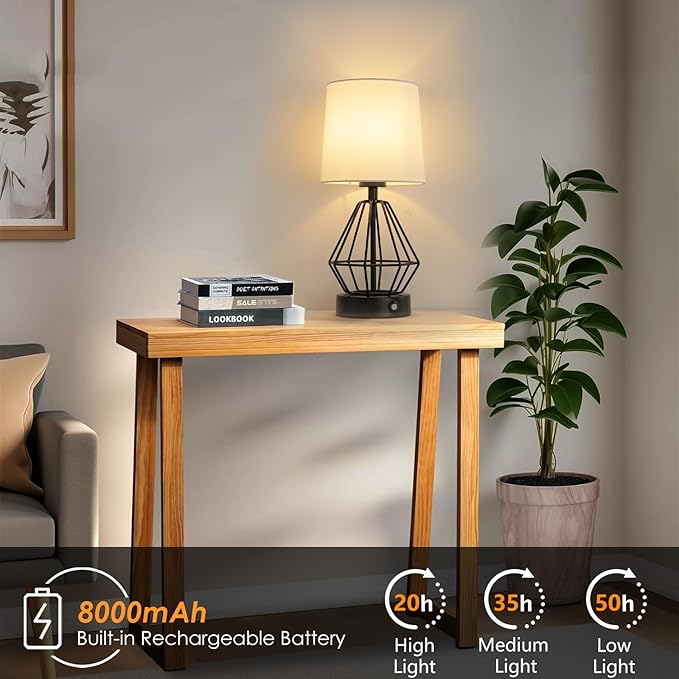 Black Cordless Lamp,Touch Stepless Dimming,8000mAh Rechargeable Battery Table Lamp,Black Cage Frame Wireless Lamp,White Lampshade,14.7inches Tall