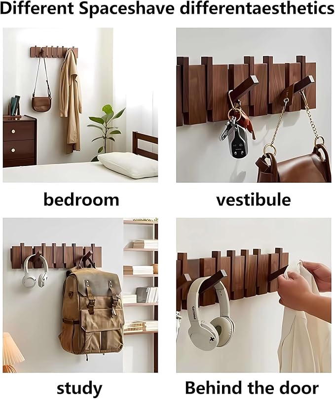 Wall Mounted Piano Key Hanger | Flip Style Hook | Entrance Wall Art Hook, Made of Oak Wood (3 Times Painted, 4 Times Polished) (Arc Walnut-Beech, 6Hooks)