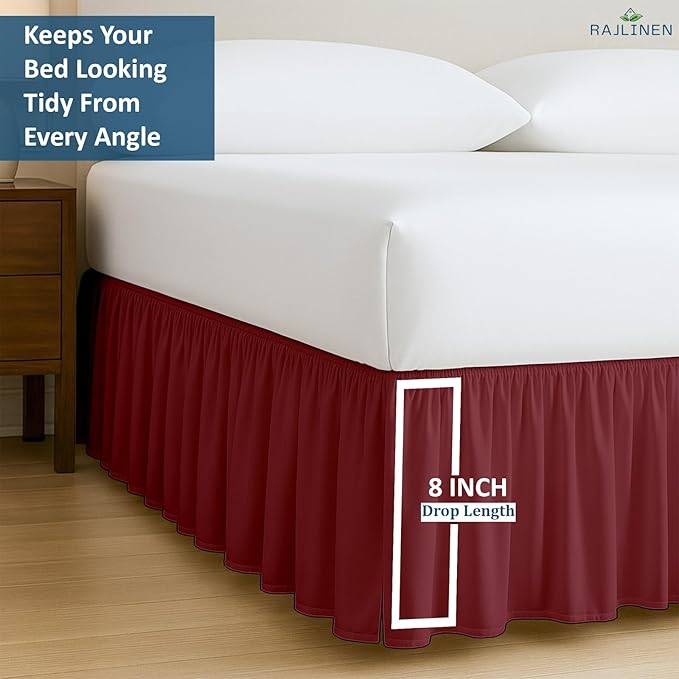 Rajlinen Ruffled Bed Skirt Queen, 8 Inch Drop Dust Ruffle with Split Corners, 100% Microfiber Bedskirt with Platform, Three-Sided Coverage Ruffled Gathering Design, Burgundy