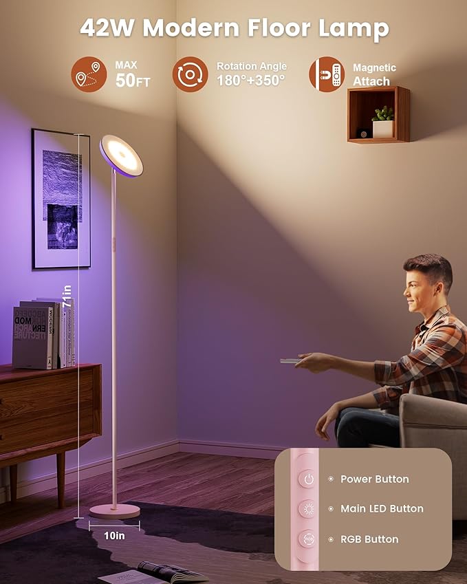 42W Pink Floor Lamp, 3700LM Super Bright Standing Lamp with RGB Side Light, Timer/Memory Function, 2700K-6500K Dimmable LED Lighting for Living Room, Tall Light with Remote & Touch Control