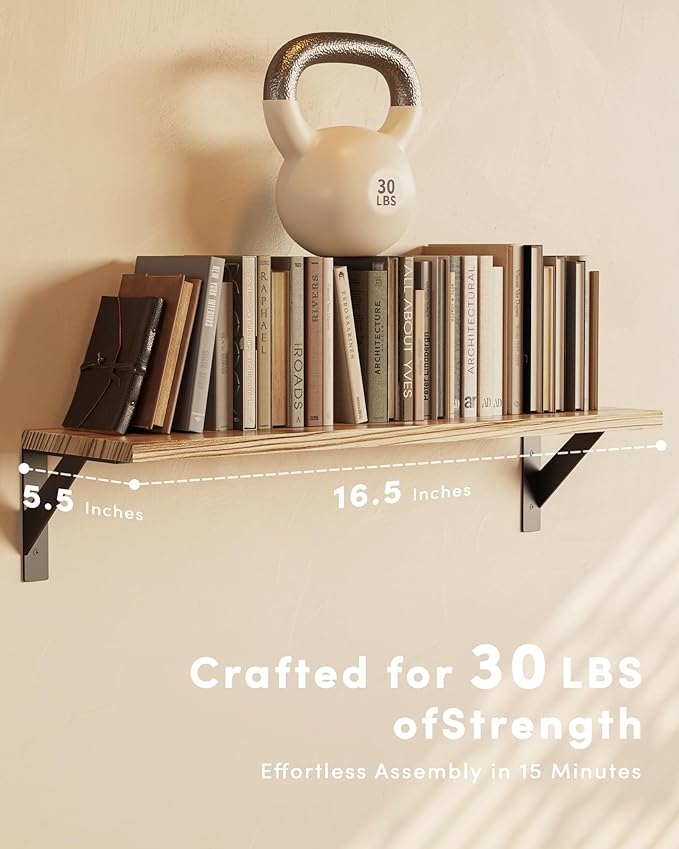 Floating Shelves for Wall, Wall Mount Book Shelf, Hanging Shelves, Wall Bookshelf for Bedroom, Office, Living Room (Light Brown, 17 Inches)