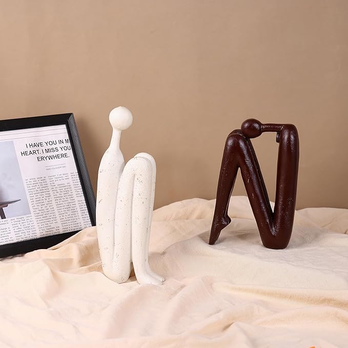 Thinker Statue Decorative Bookends,1 Pair/2 PCS Book Ends for Shelves Unique Modern Book Stopper for Heavy Books, Abstract Aesthetic Decor, Modern Home Bookshelf Decoration (White and Red Brown)