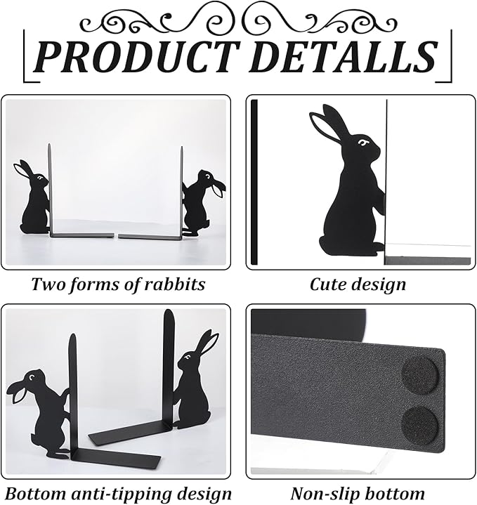 Geelin Bunny Metal Bookends Set of 2 Styles Easter Cute Rabbit Book Ends for Bookshelf Decor Organizer for Home Office Desk Gift for Rabbit Lovers Readers Teachers Friends Easter