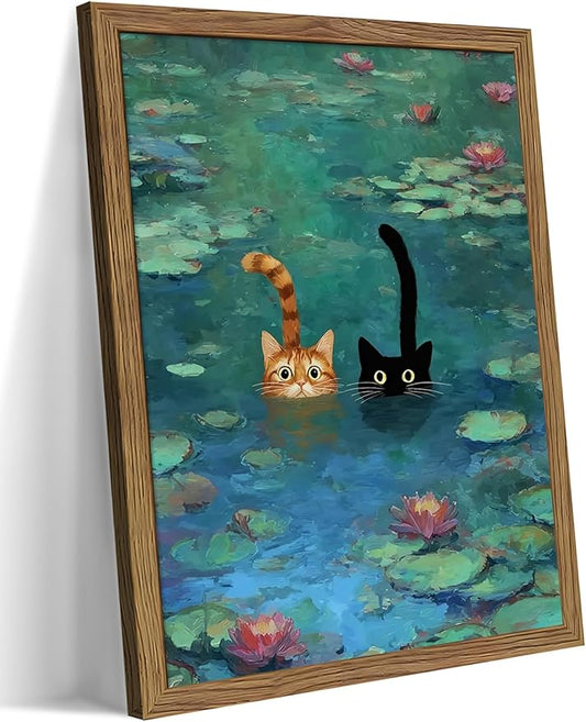 Framed Cat Wall Art, Vintage Whimsical Claude Monet Canvas Wall Decor Painting, Cute Funny Water Lilies Cat Poster Print Picture for Living Room Bedroom Bathroom 16x24 Inch