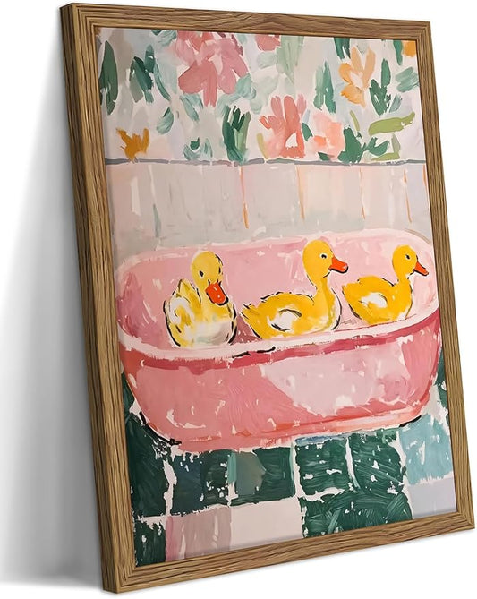 Framed Funny Bathroom Wall Art Decor, Yellow Duck in Pink Bathtub Canvas Wall Decor Painting, Cute Whimsical Animal Poster Print Picture for Girls Bathroom Nursery 12x16 Inch