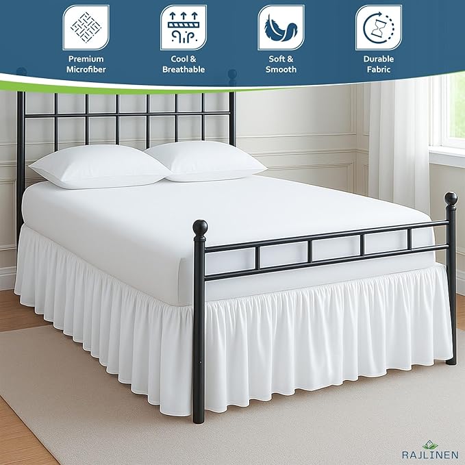 Rajlinen Ruffled Bed Skirt Queen, 24 Inch Drop Dust Ruffle with Split Corners, 100% Microfiber Bedskirt with Platform, Three-Sided Coverage Ruffled Gathering Design, White