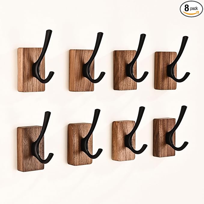 8 Pack Walnut Wood Wall Coat Hooks for Hanging, Adhesive Mounted & Wall Mount Heavy Duty Decorative Wooden Double Hook hanger for Towel Backpack Hat Jacket Clothes Blanket Purse Closet Robe Key