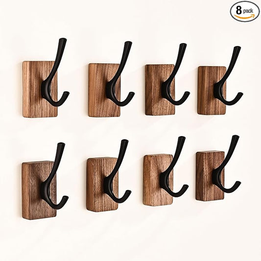 8 Pack Walnut Wood Wall Coat Hooks for Hanging, Adhesive Mounted & Wall Mount Heavy Duty Decorative Wooden Double Hook hanger for Towel Backpack Hat Jacket Clothes Blanket Purse Closet Robe Key